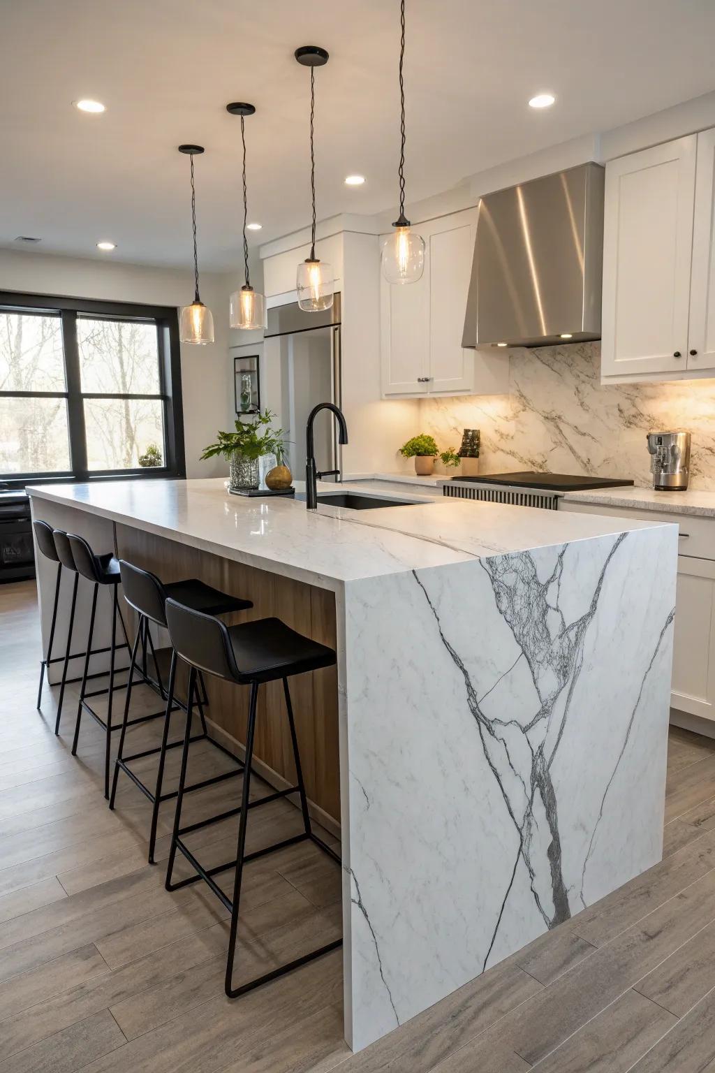 A luxurious flowing countertop infuses elegance into the island.