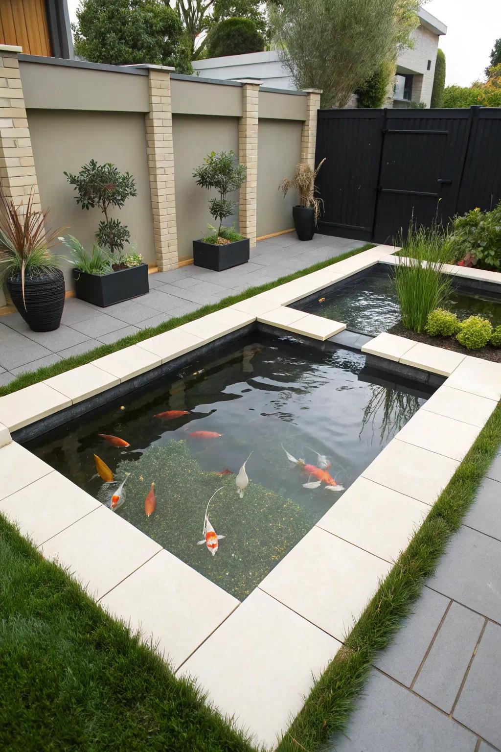 A modern square water garden with polished symmetrical lines.
