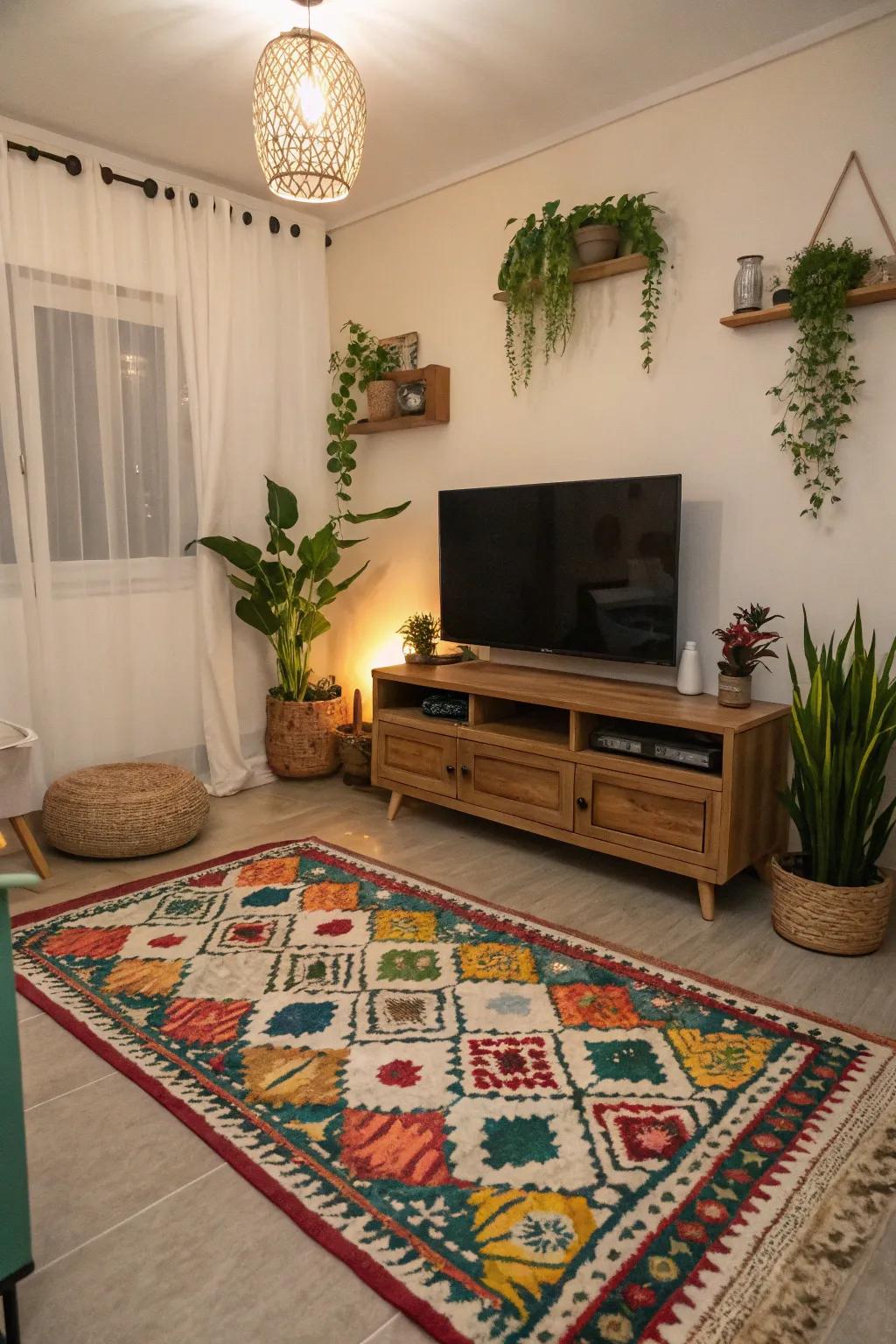 Highlights such as plants and rugs add warmth and flair without occupying substantial space.
