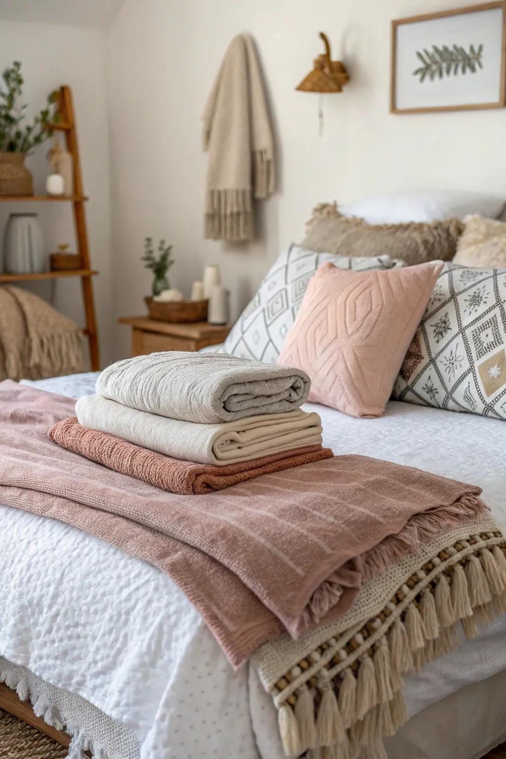 Plush textiles amplify the sensation of comfort within a compact primary bedroom.