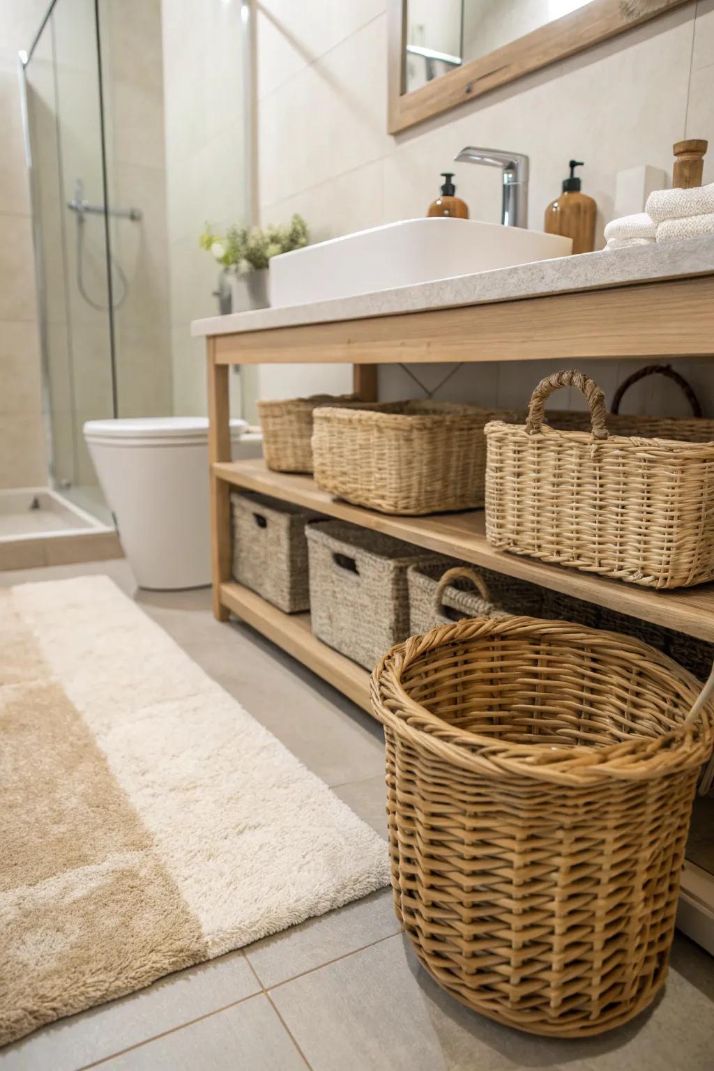 Welcoming textiles add warmth to a modern homespun bathroom.
