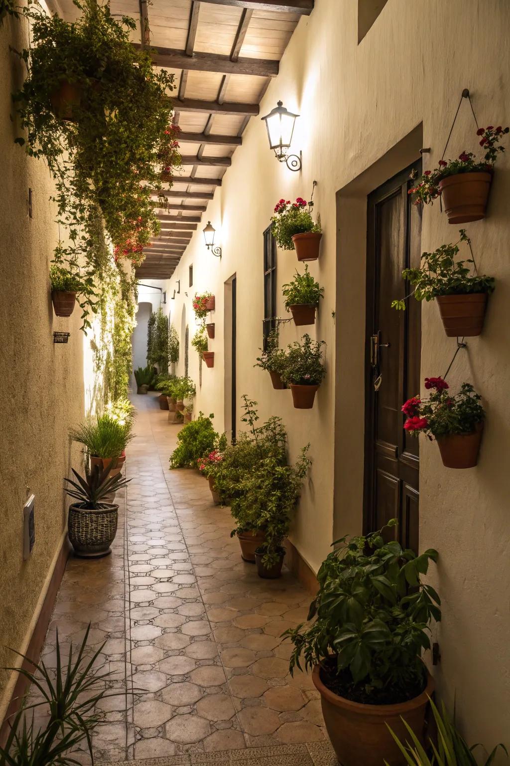Greenery breathes life into a narrow hallway with a natural vibe.
