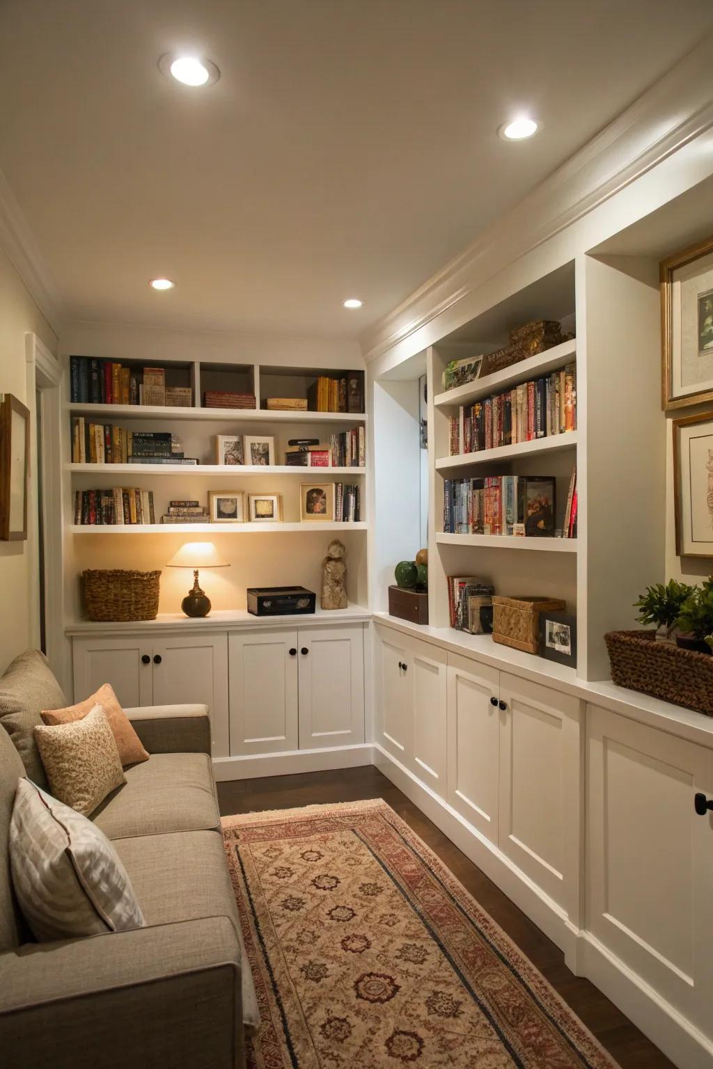 Built-in shelving offers efficient storage without using floor space.