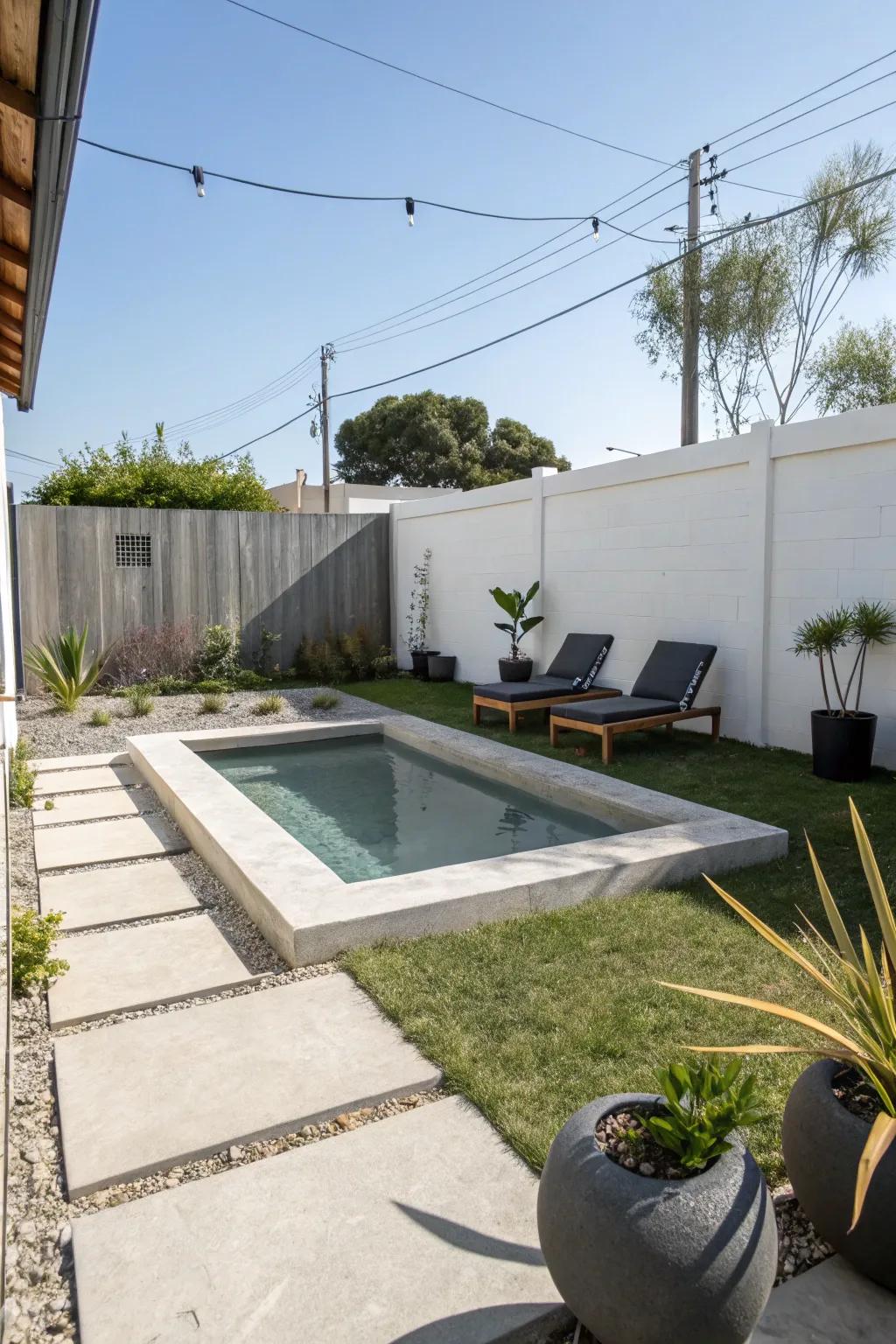 A streamlined pre-cast plunge pool perfectly positioned in a small garden.