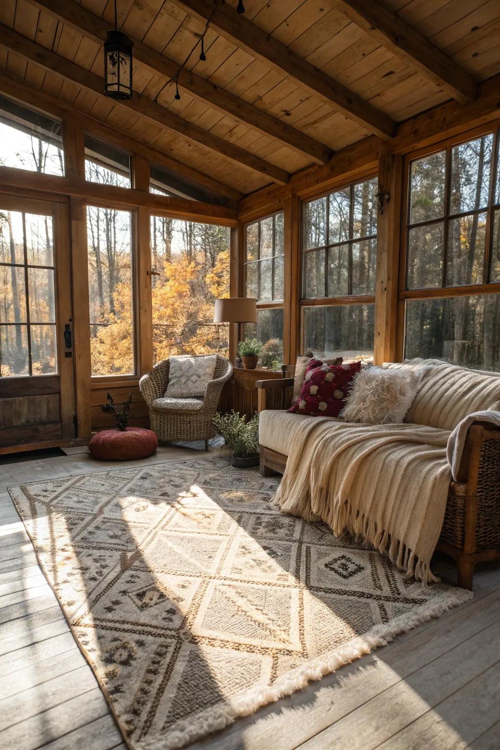 Textural rugs and blankets add warmth and charm to this glass room.