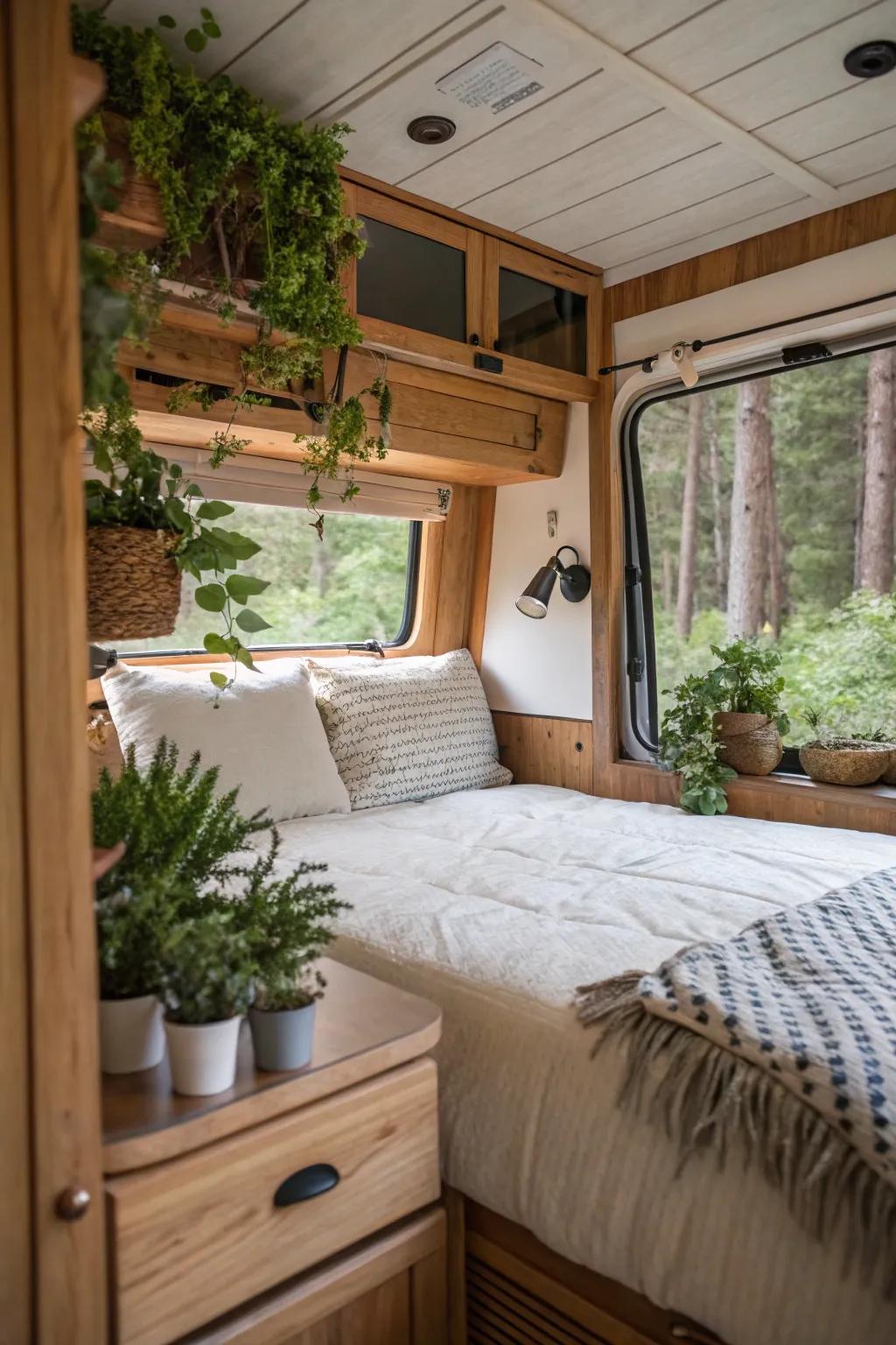 Natural components like wood and plants bring peace to your RV bedroom.