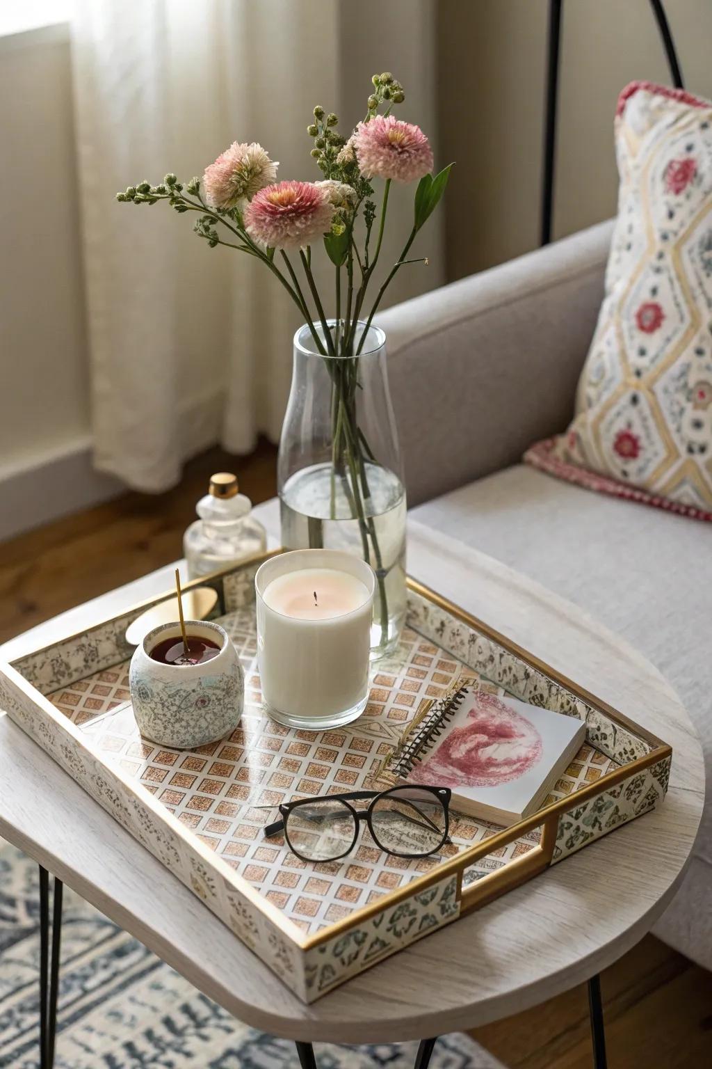 A decorative server brings order and flair to an accent table.