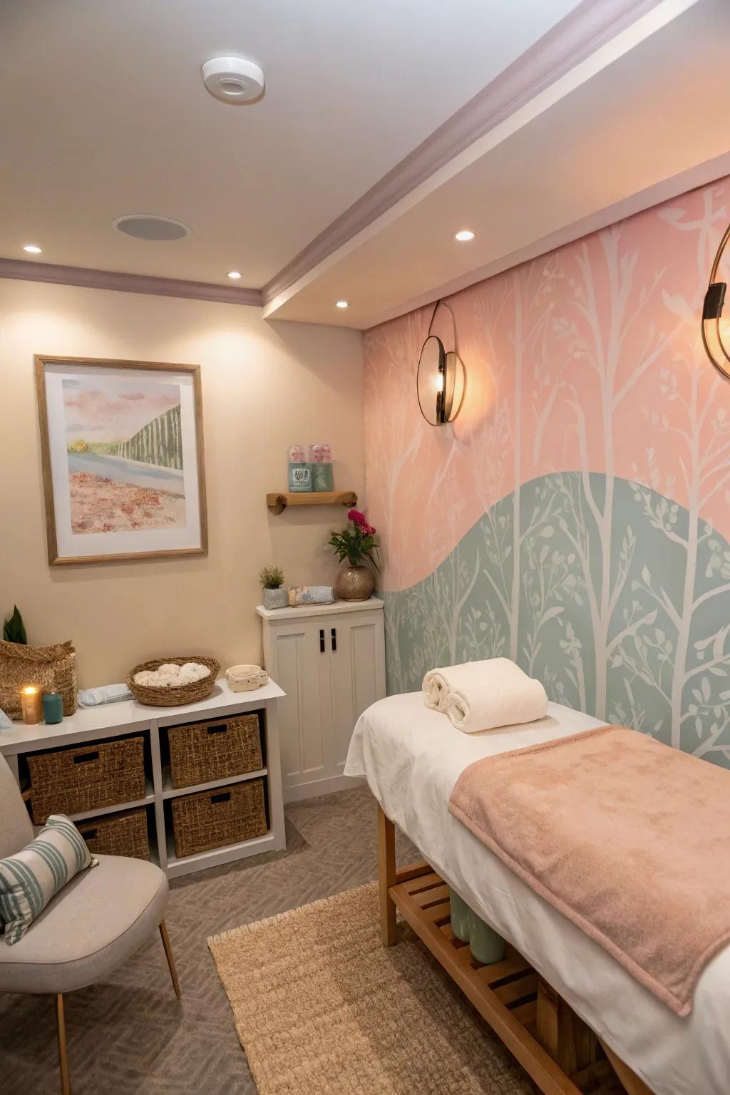 Showcase wall using subtle colors within a spa area