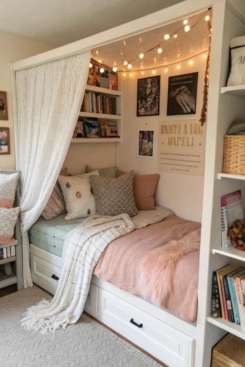 A cozy bedding nook with layered textures creates a warm and welcoming sanctuary.