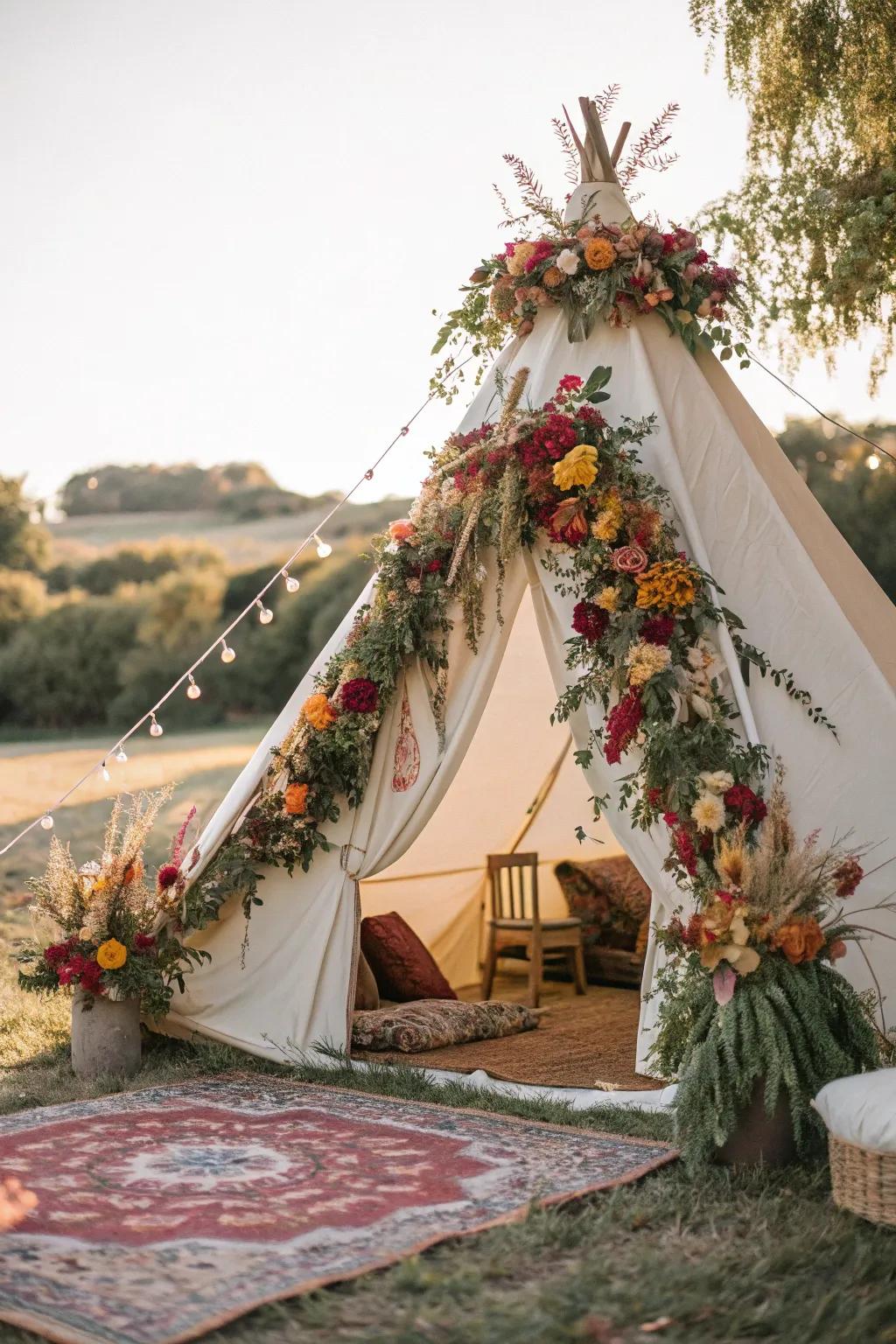 Tent decorated with delightful blossom highlights.