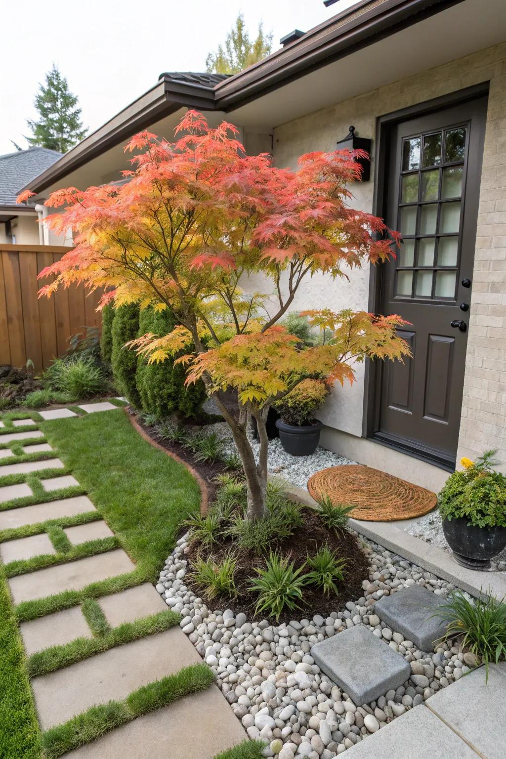Petite crimson leaf maple infusing charm into a compact front garden.