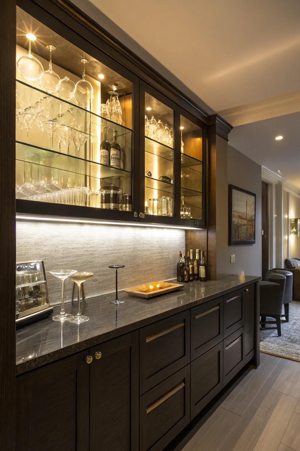 Under-shelf lighting creating a warm ambiance within a compact wet bar.