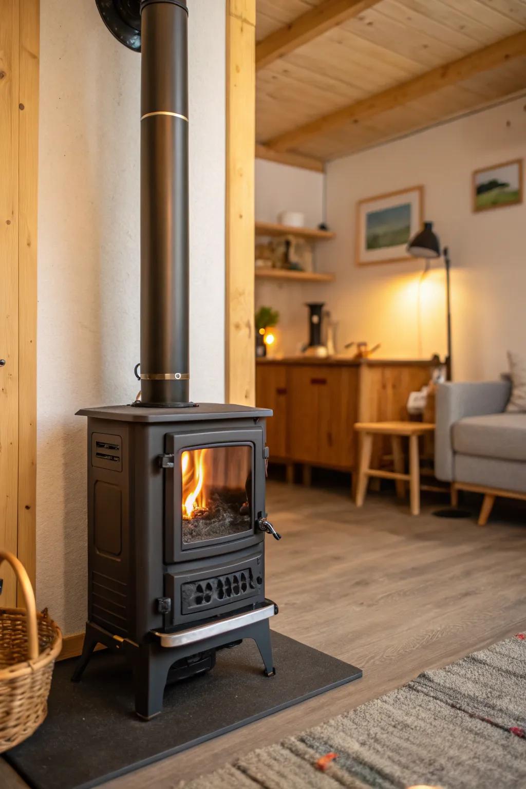 A streamlined timber heater effectively heating a small yet fashionable space.