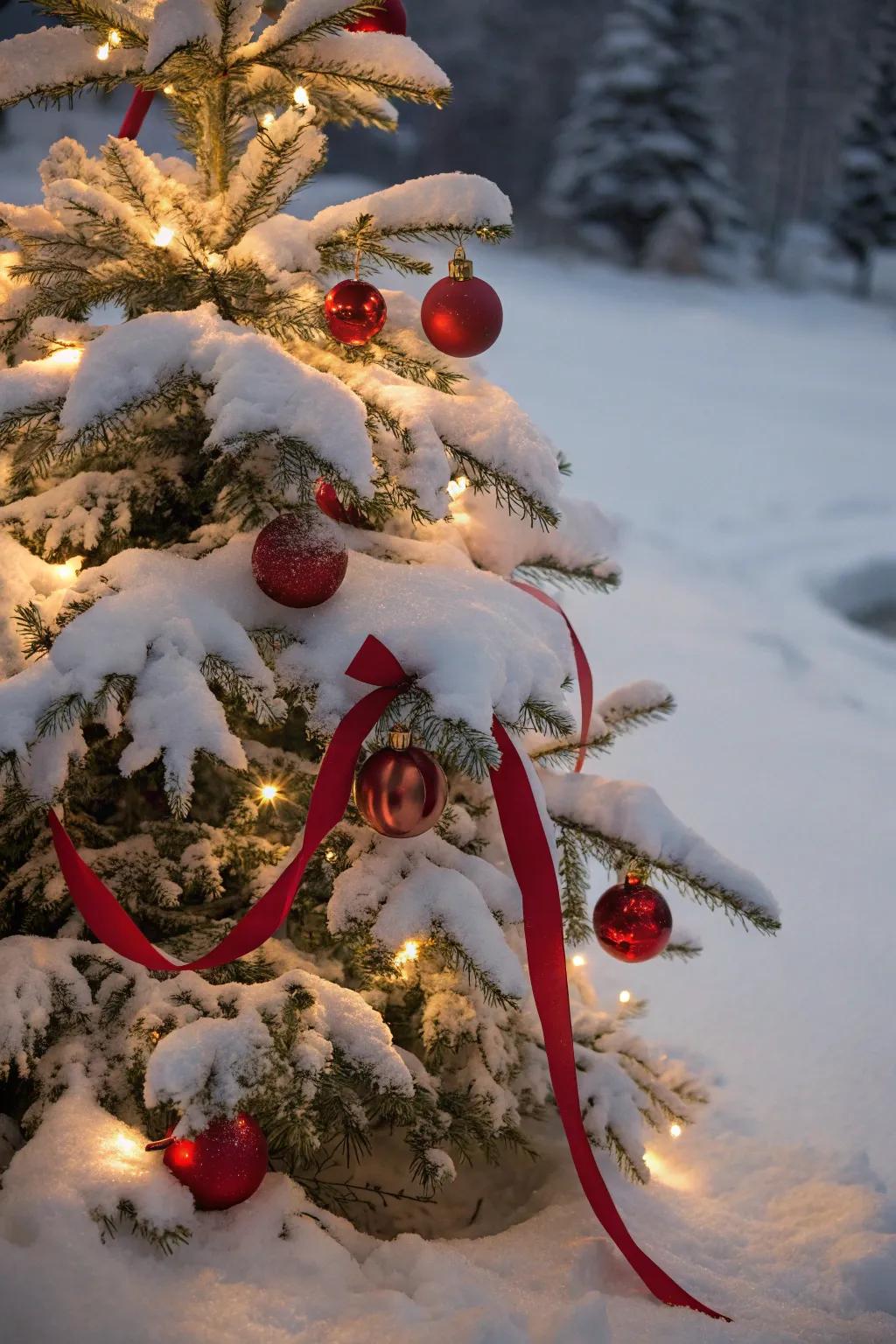 Scarlet touches bring a festive contrast to a snowy Christmas tree.