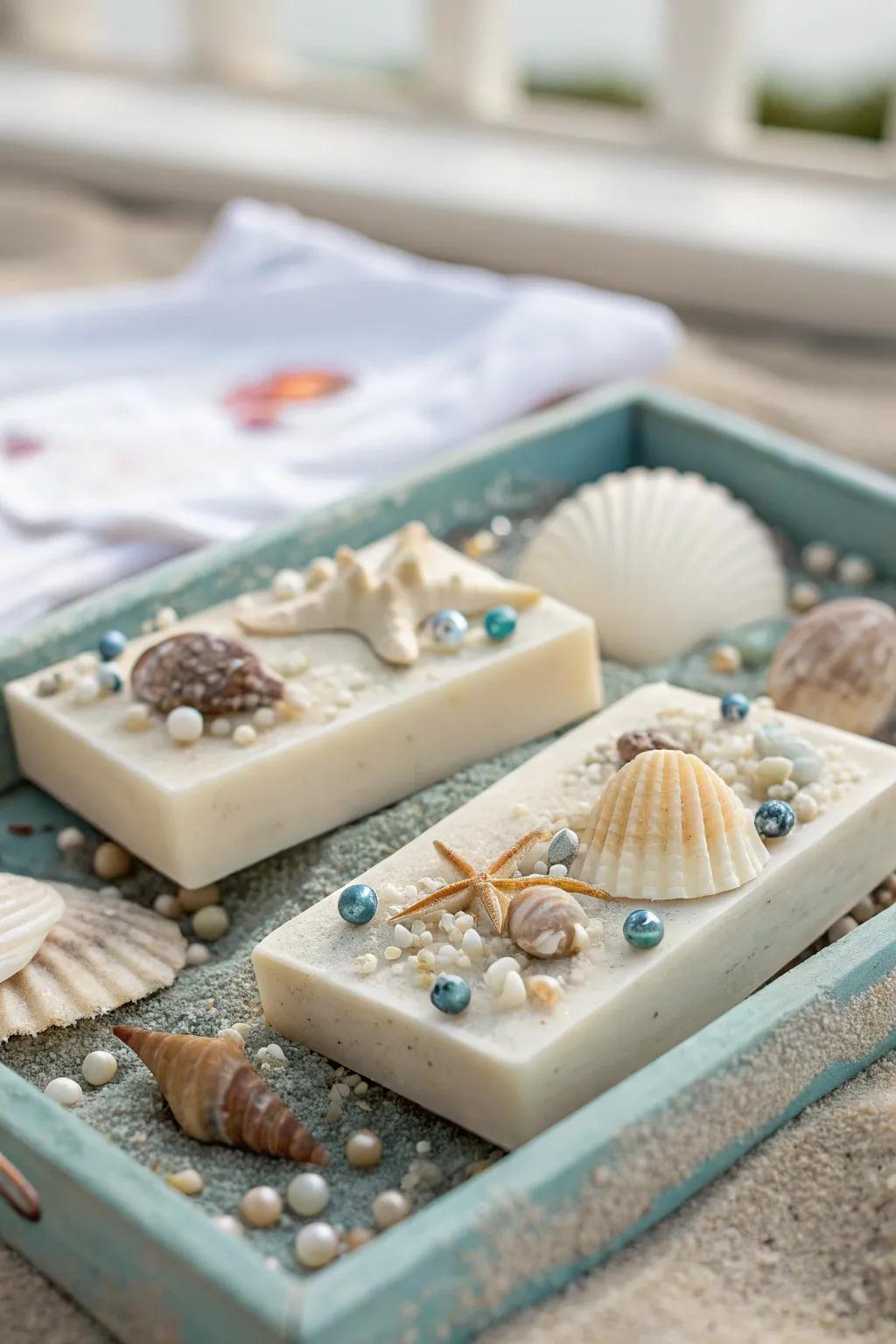 Whimsical soaps featuring embedded shells, adding a hint of the sea to your restroom.
