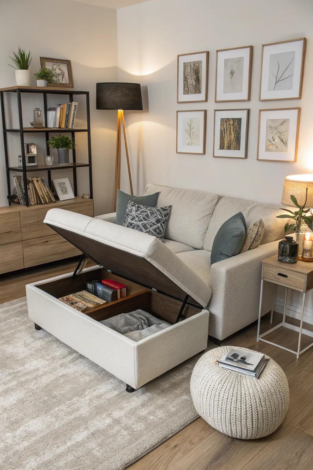 This modern living room features an ottoman sofa with hidden storage.