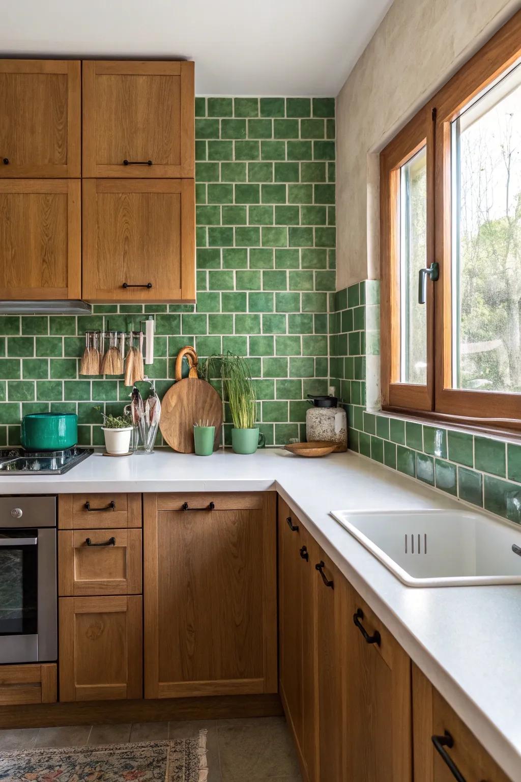 Cactus green tiles present an invigorating burst of color in a Southwest kitchen.
