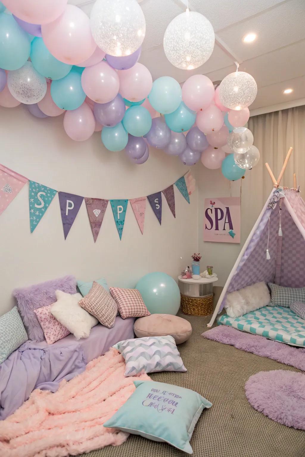 Balloons and streamers inject a celebratory touch into the spa sleepover arrangement.