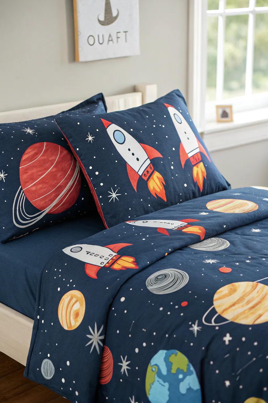 Space-themed bedding that introduces a playful element to the room.