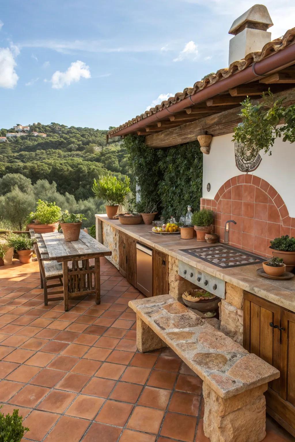 Earthenware tiling enhances the Mediterranean charm of this open-air cooking area.