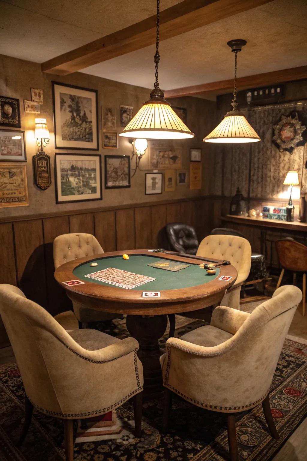 A poker table adds amusement and interaction to your speakeasy.