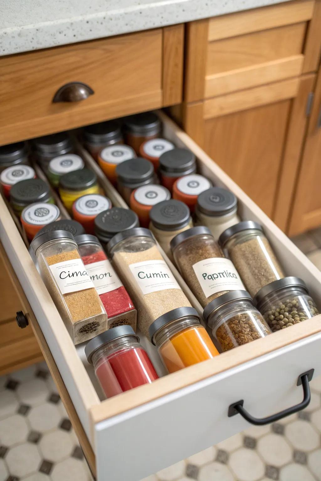 A specialized drawer module keeping spices in proper order.
