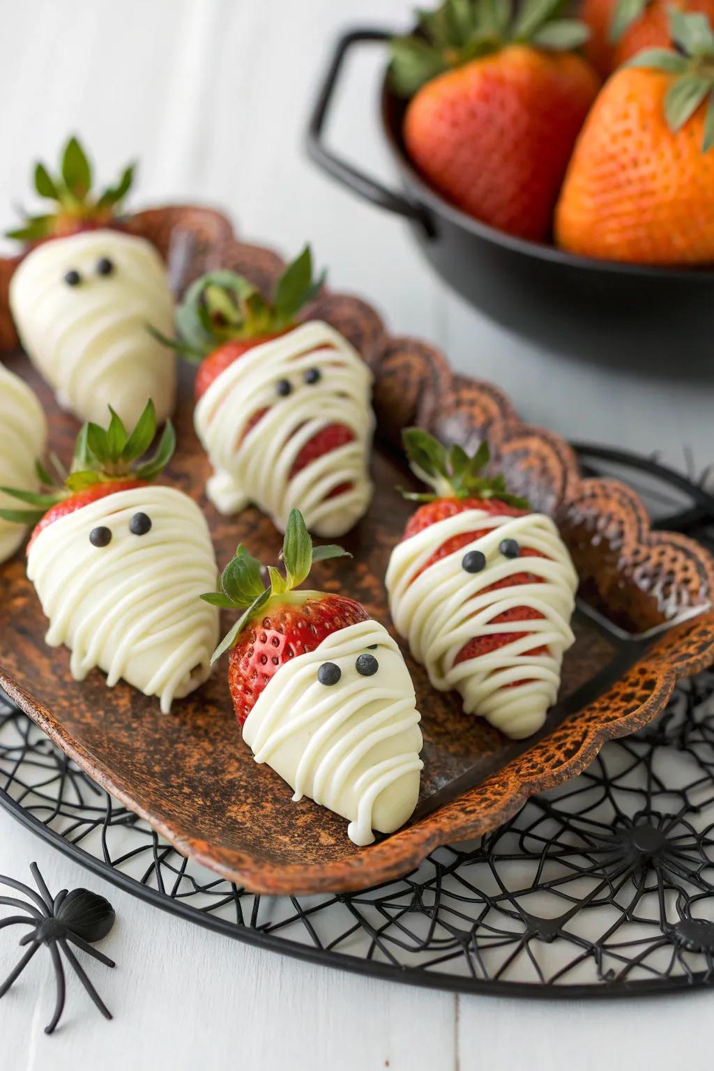 Encased strawberry mummies imparting a touch of sweetness to the spectral evening.