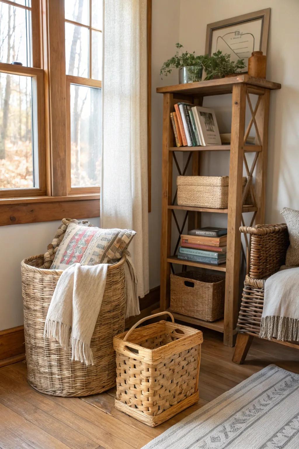 Earthy elements like wicker and timber foster a natural vibe.