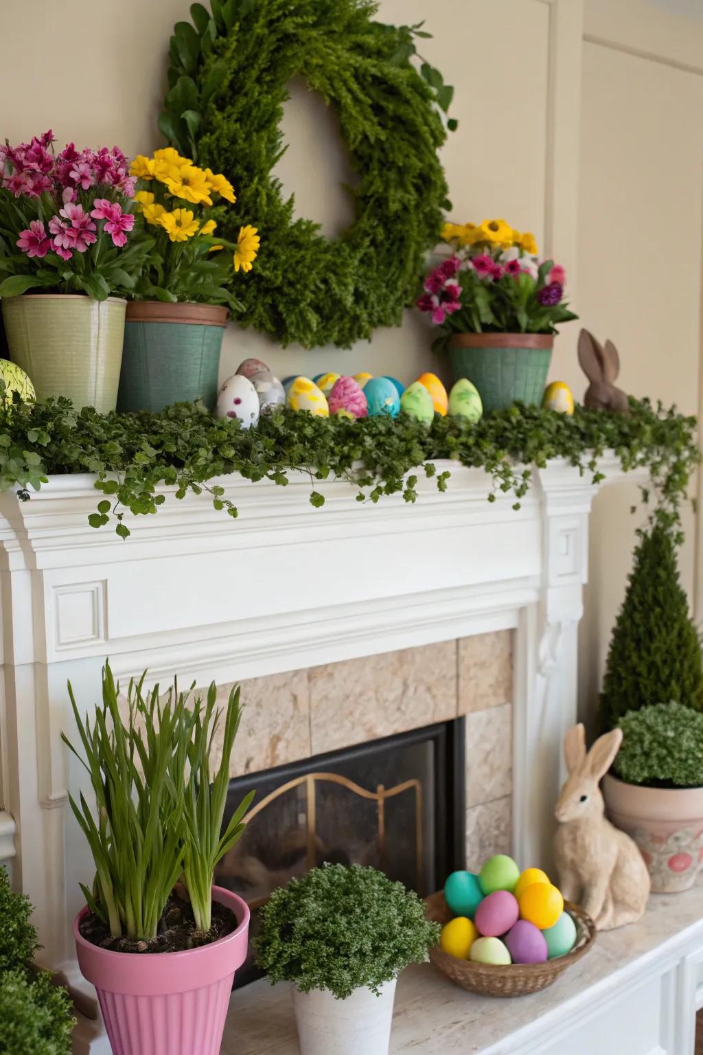 Verdant foliage introduces a refreshing natural touch to the mantel.