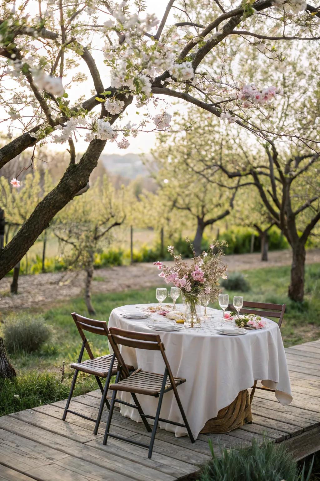 An exterior dining surface positioned amidst springtime flora.