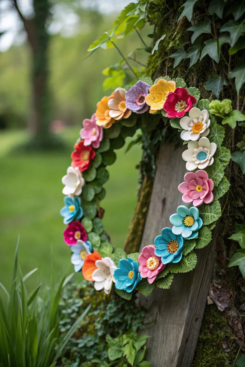 An eco-friendly wreath fashioned from repurposed materials.