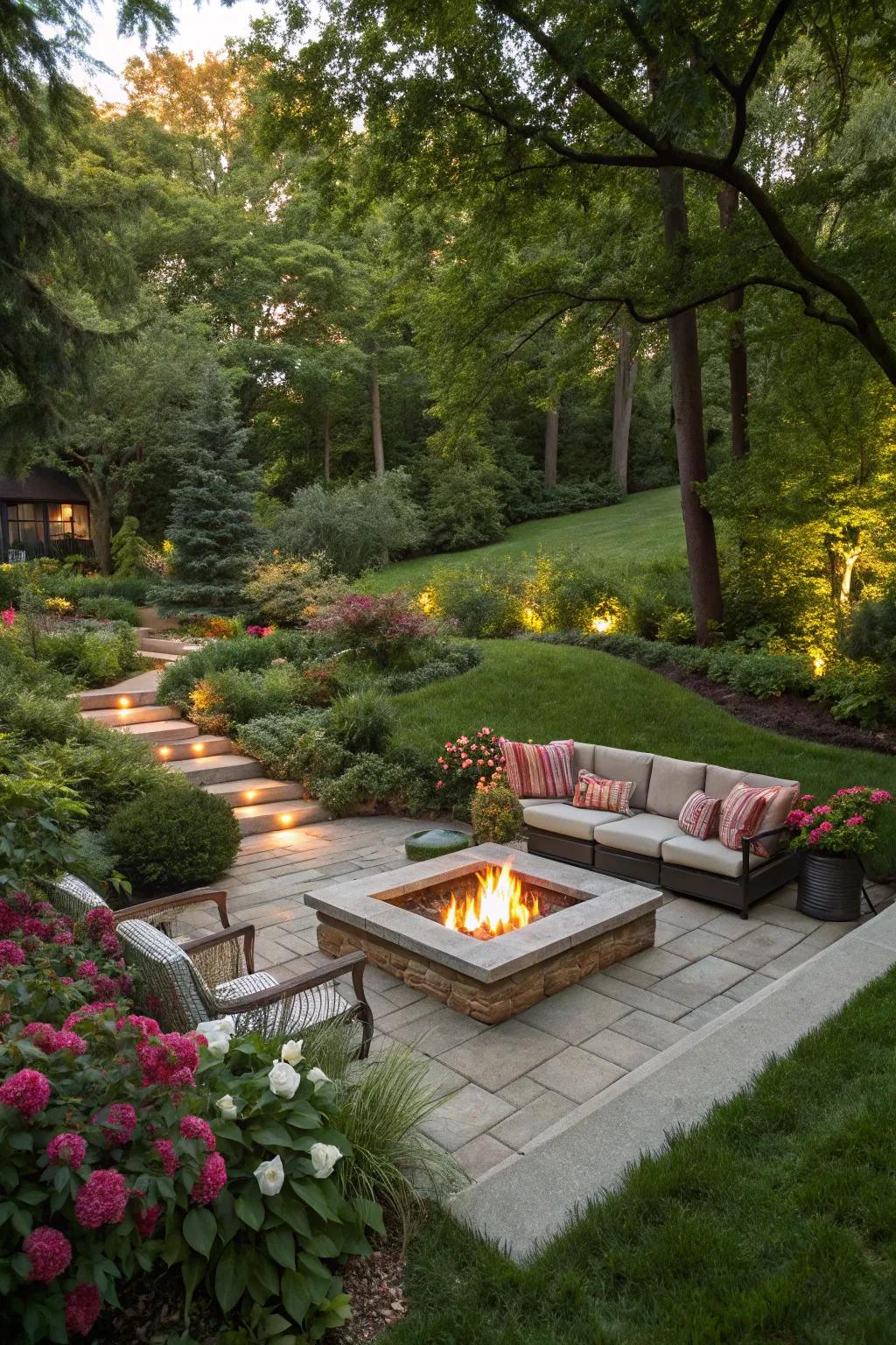 Subterranean fire pits fashion an intimate social space.
