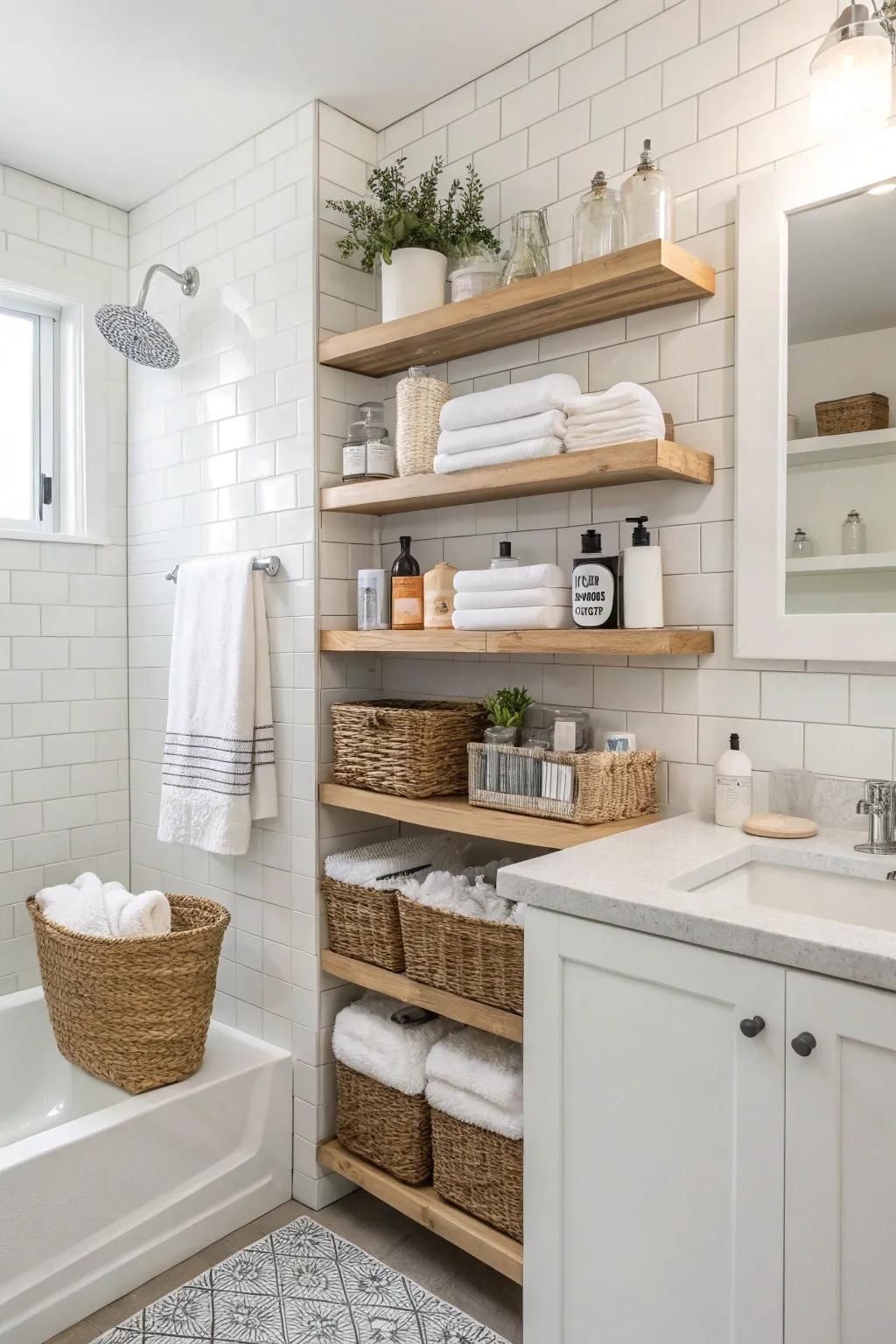 Floating shelves enable effective storage, keeping the restroom neat.