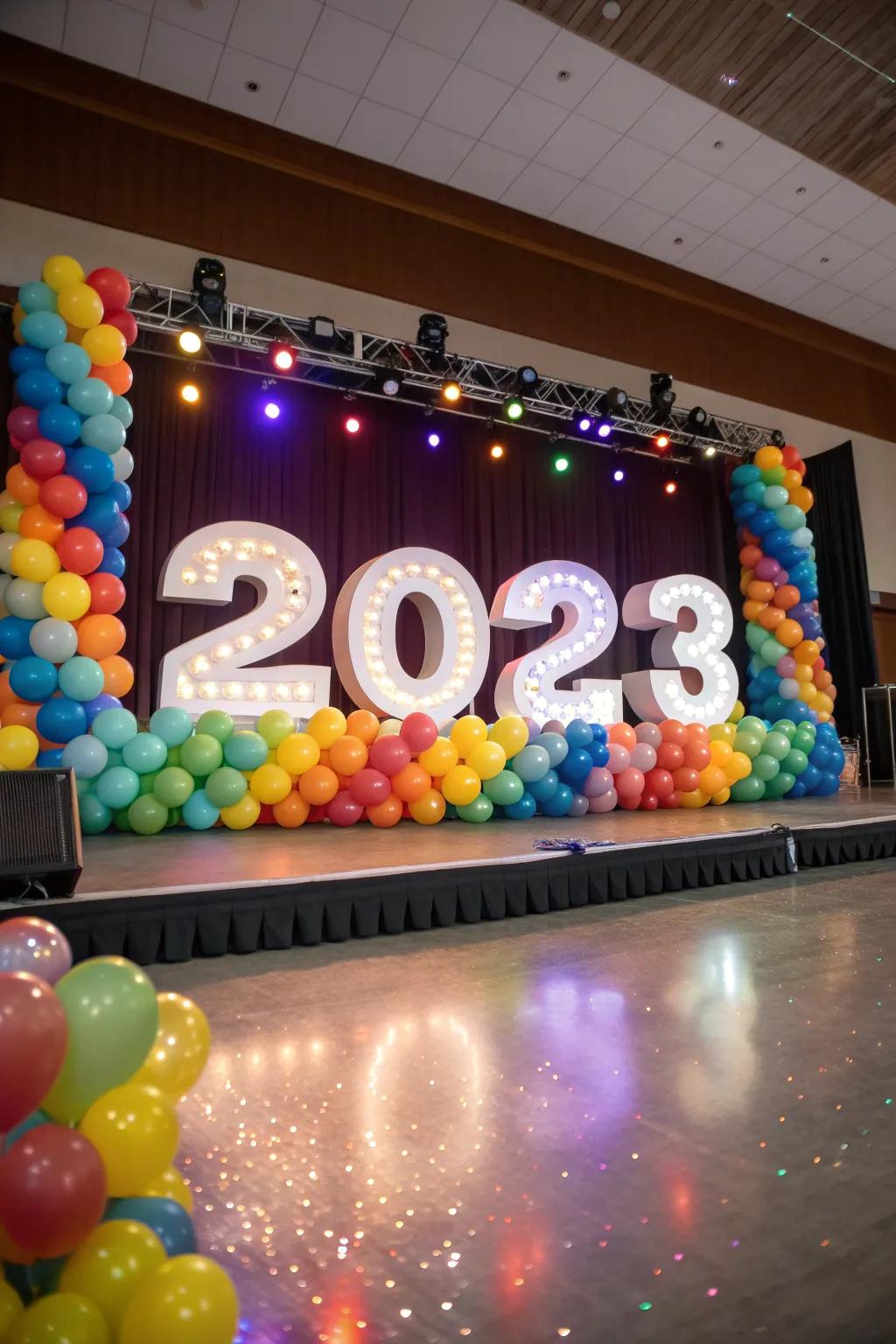 A New Year's Eve stage featuring '2023' in balloon decor.