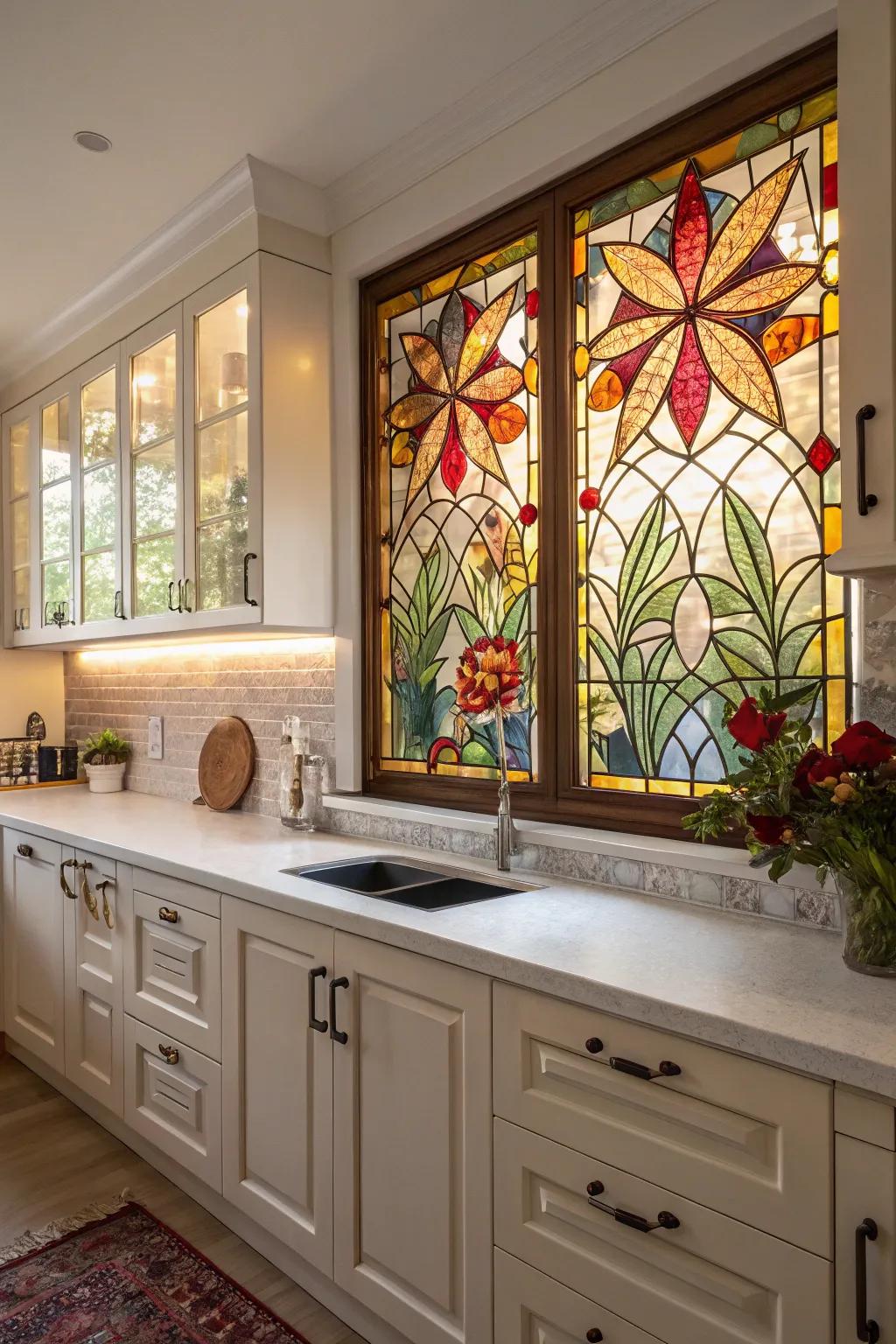 A stained glass backdrop imparts a distinctive charm to any kitchen.