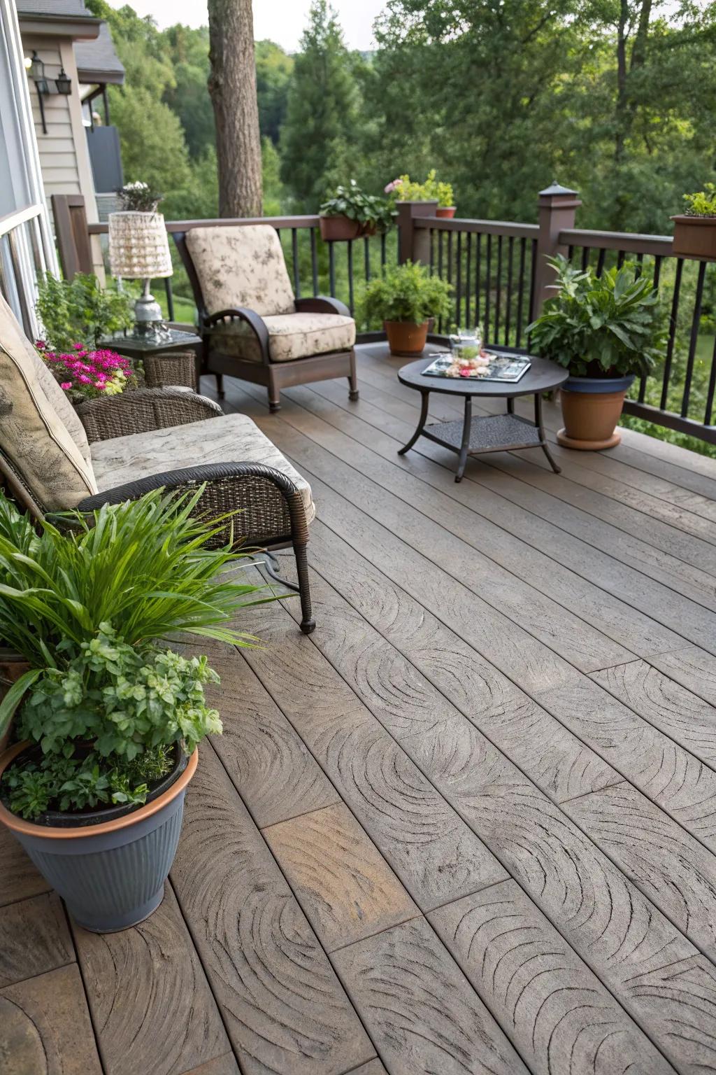 Lumber-patterned concrete offers rustic appeal without the inconvenience.