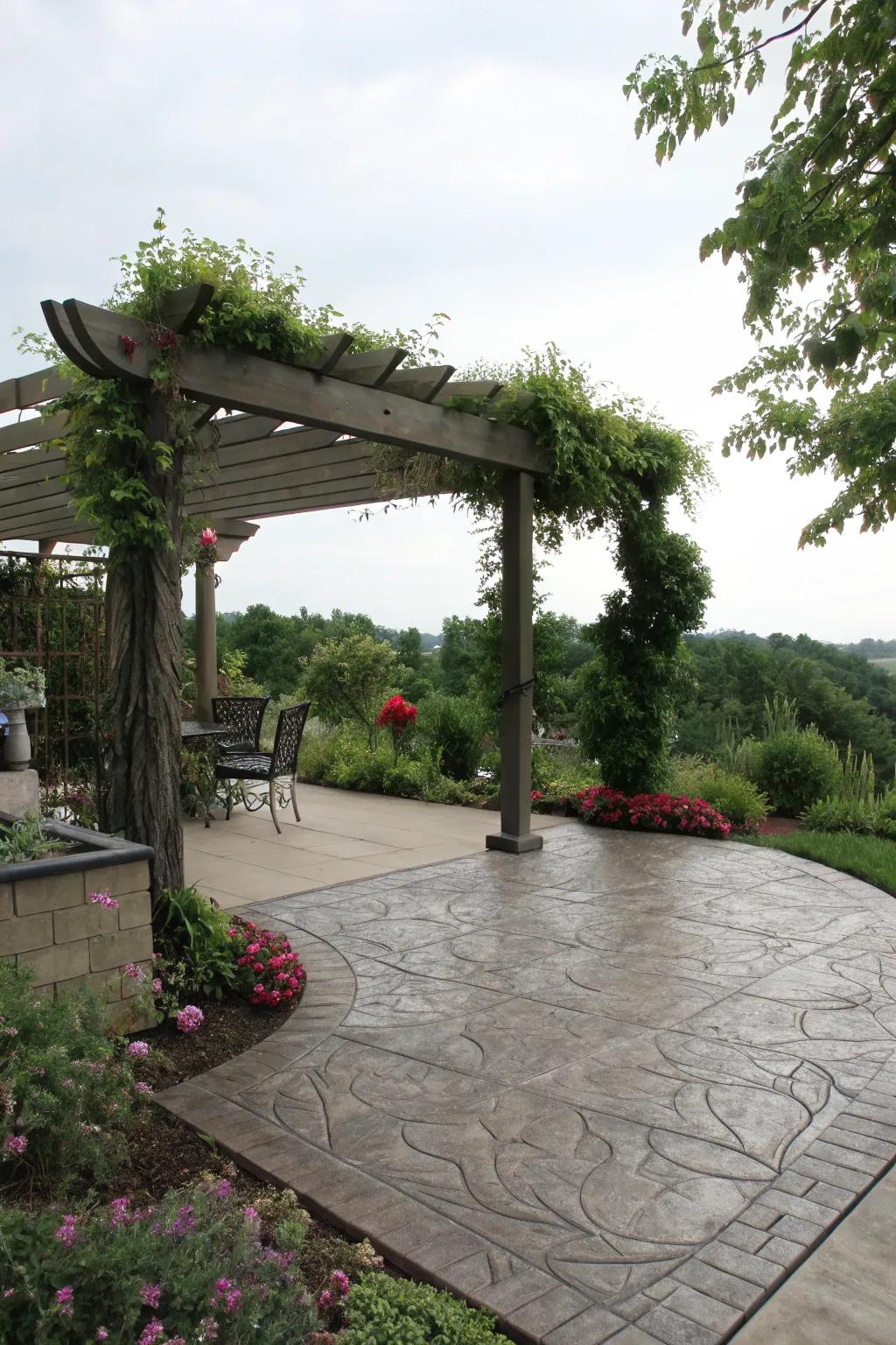 A stamped concrete patio shaded by an elegant framework.