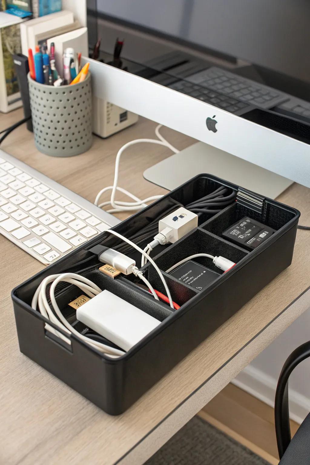 Cord management boxes keep your workspace tidy by concealing large components.
