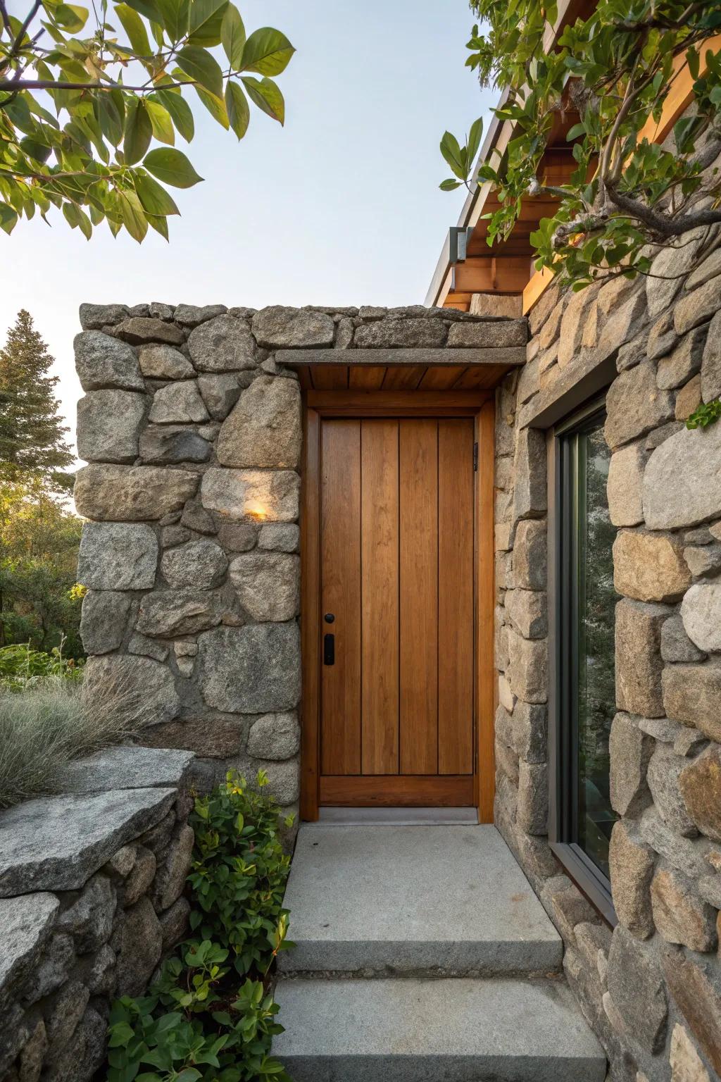 Pairing stone with timber crafts a vibrant entrance.