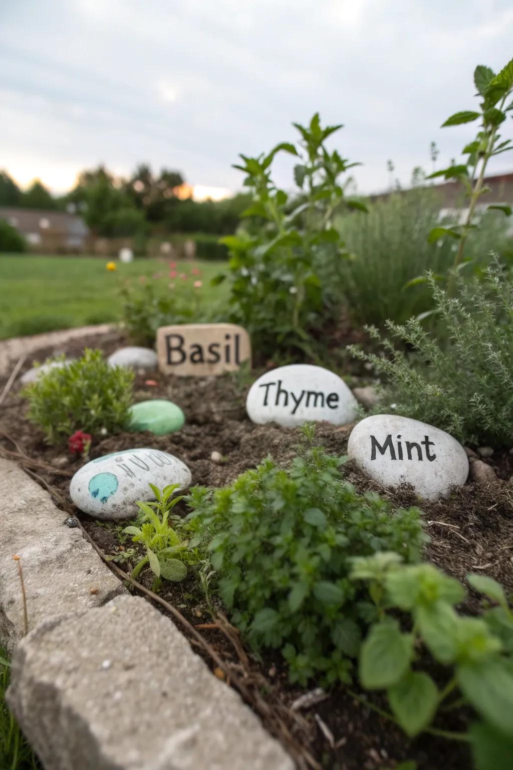 Whimsical painted stone plant markers in a garden setting.