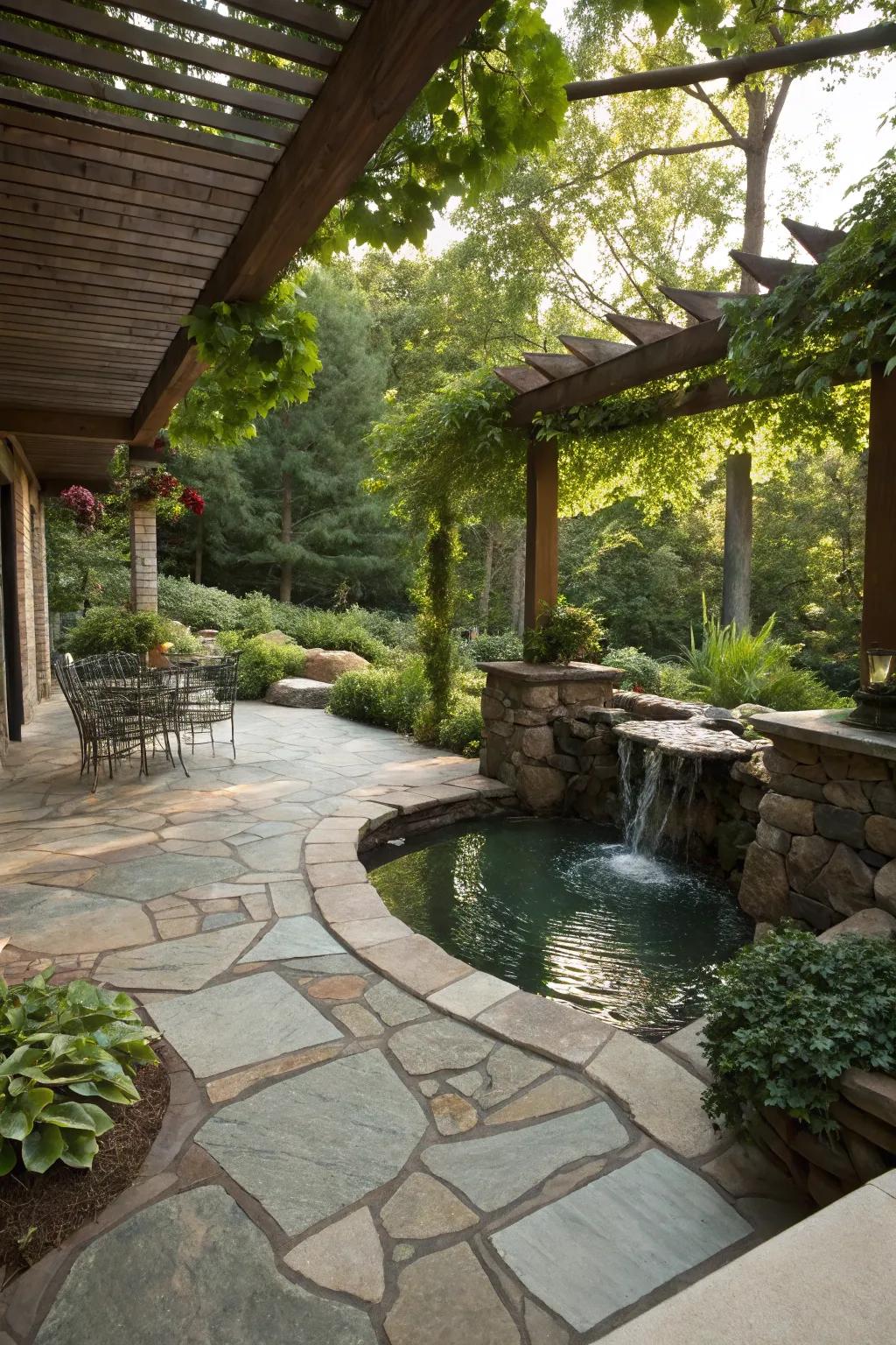 A stone patio enhanced by a soothing water accent.