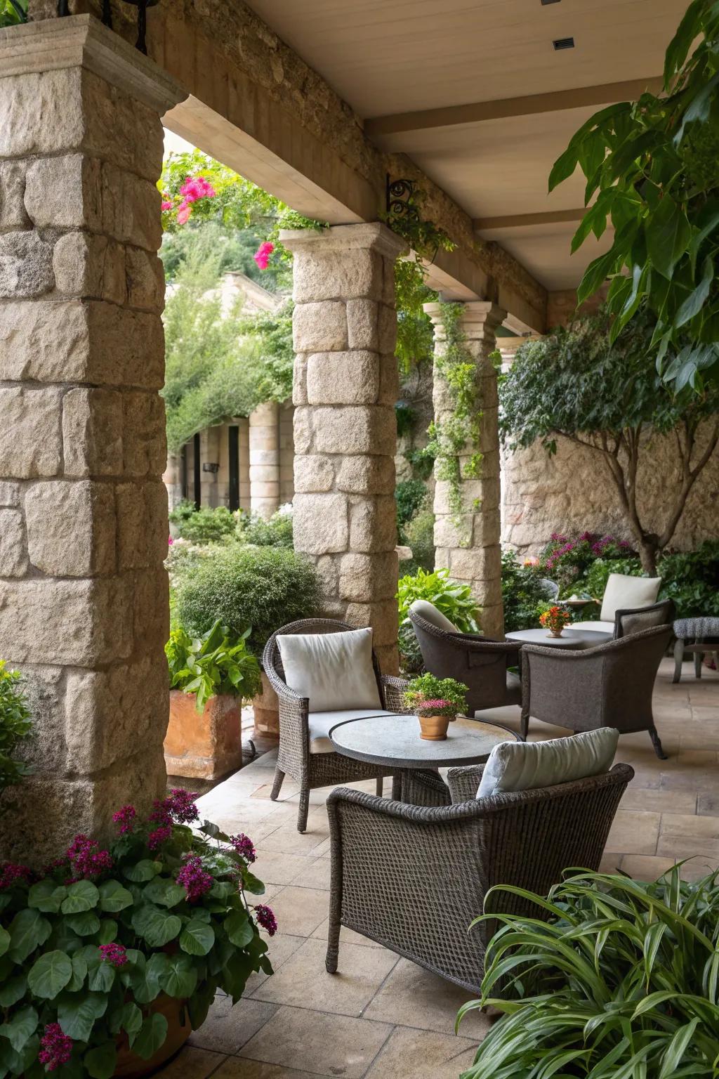 Stone pillars infuse intimacy and charm into your outdoor sanctuary.
