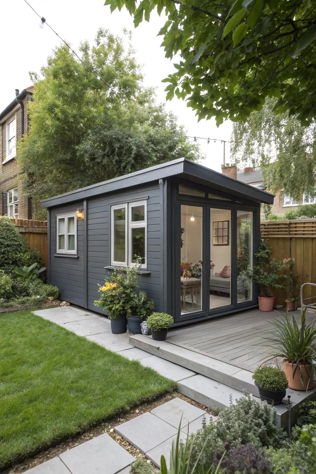 A polished summer house in stylish charcoal, ideal for urban gardens.
