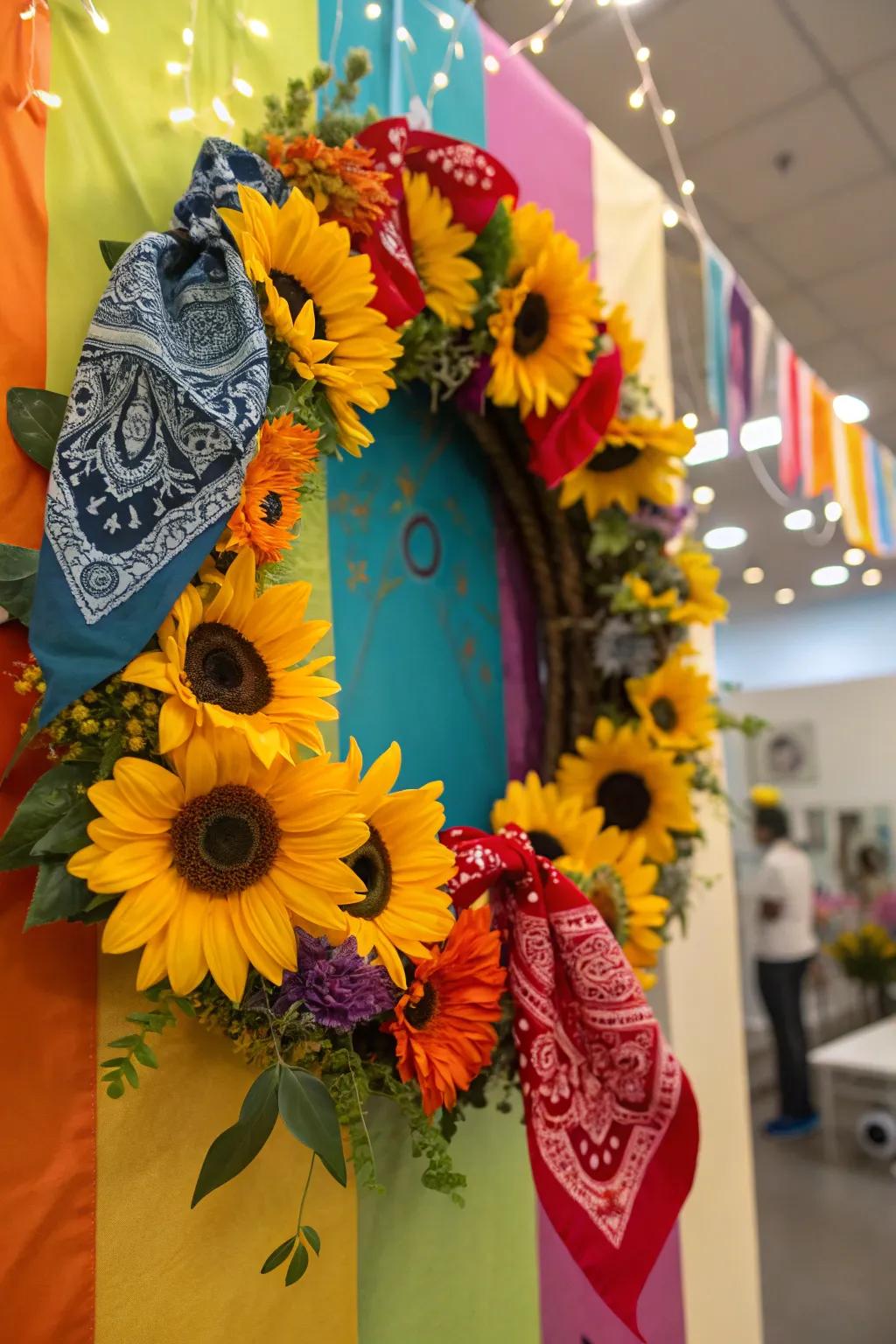 A playful and spirited bandana petal sunflower wreath.