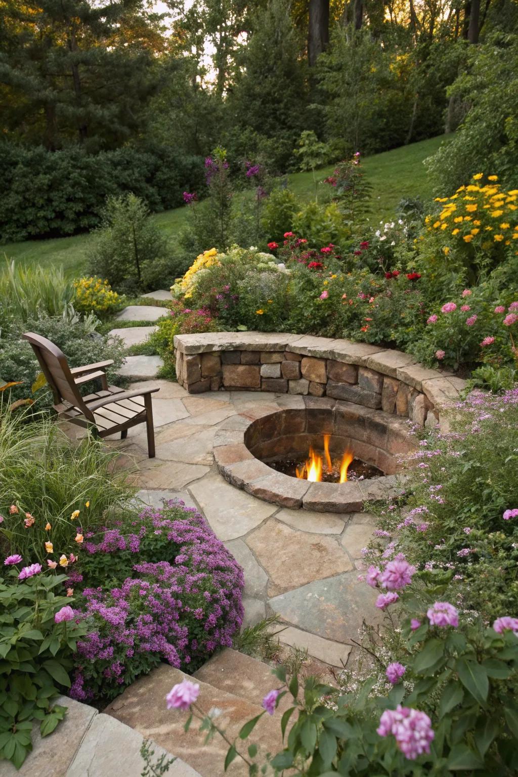 A garden refuge with a sunken fire pit at its heart.