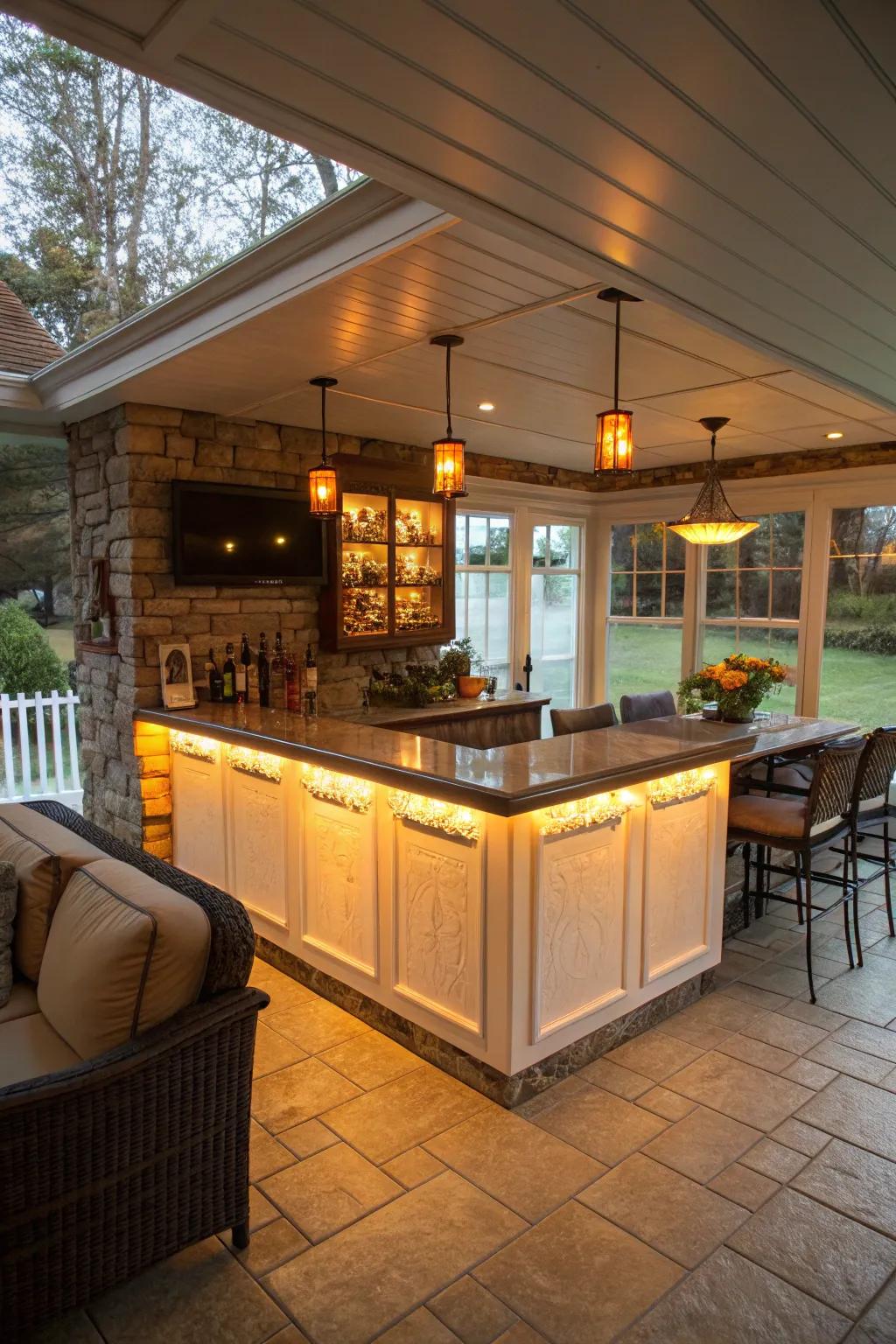 Accent illumination spotlights traits and incorporates warmth to your sunroom bar.