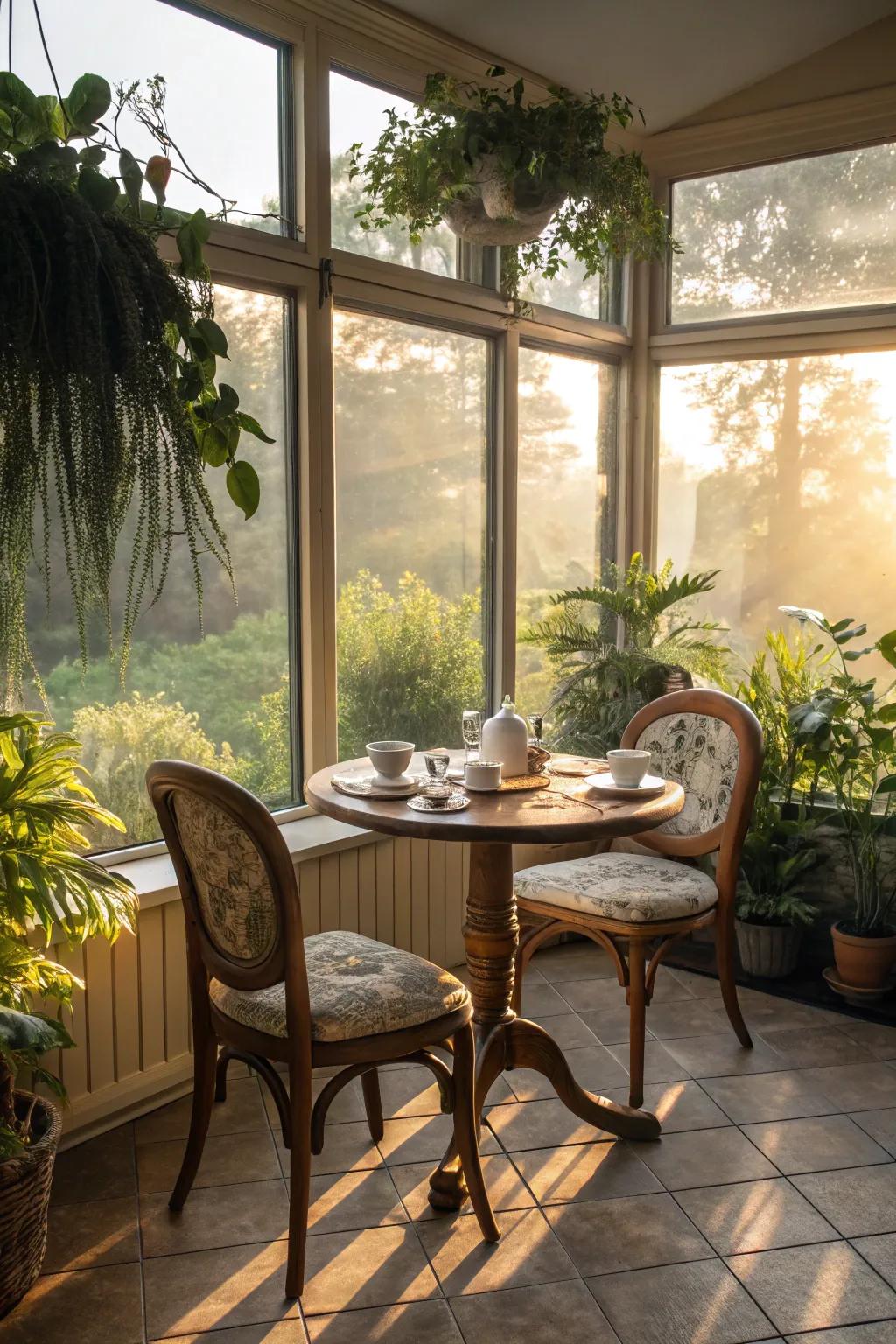 A morning spot transforms the sunroom into a delightful morning hideaway.
