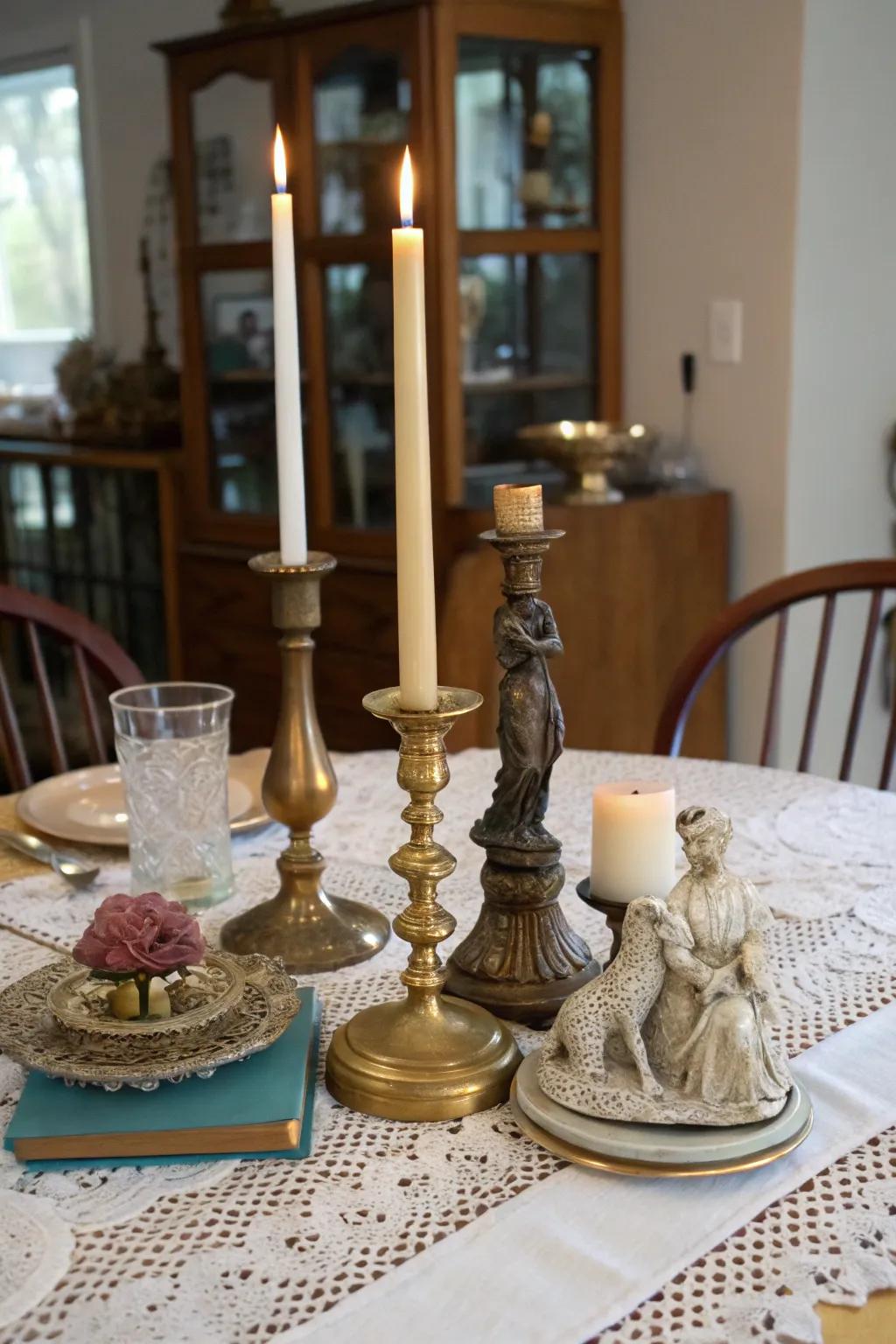 A collection of unique vintage finds creating a striking centerpiece.