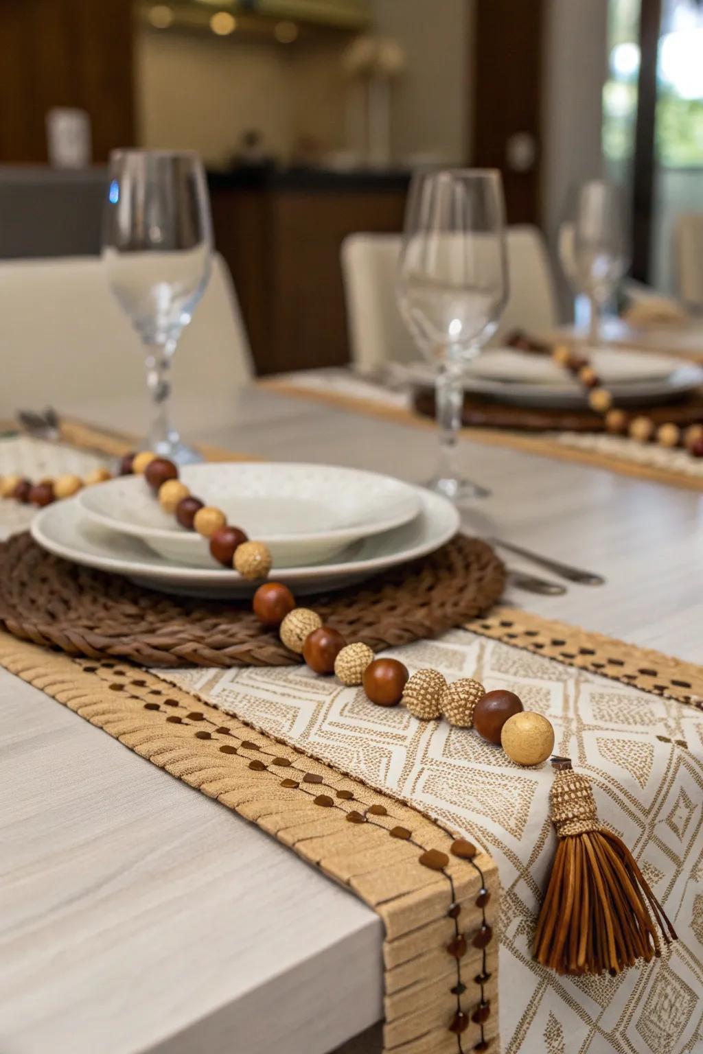 A DIY table runner with wooded elements for a handcrafted feel.