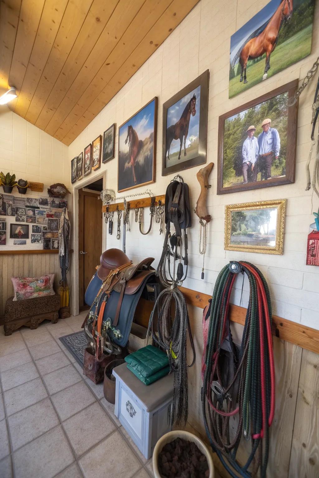 Decorative elements enhancing the unique character of a tack room.